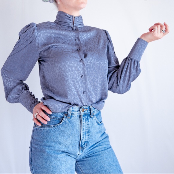 Vintage 70’s Gray Metallic High Neck Blouse XS - Picture 6 of 9